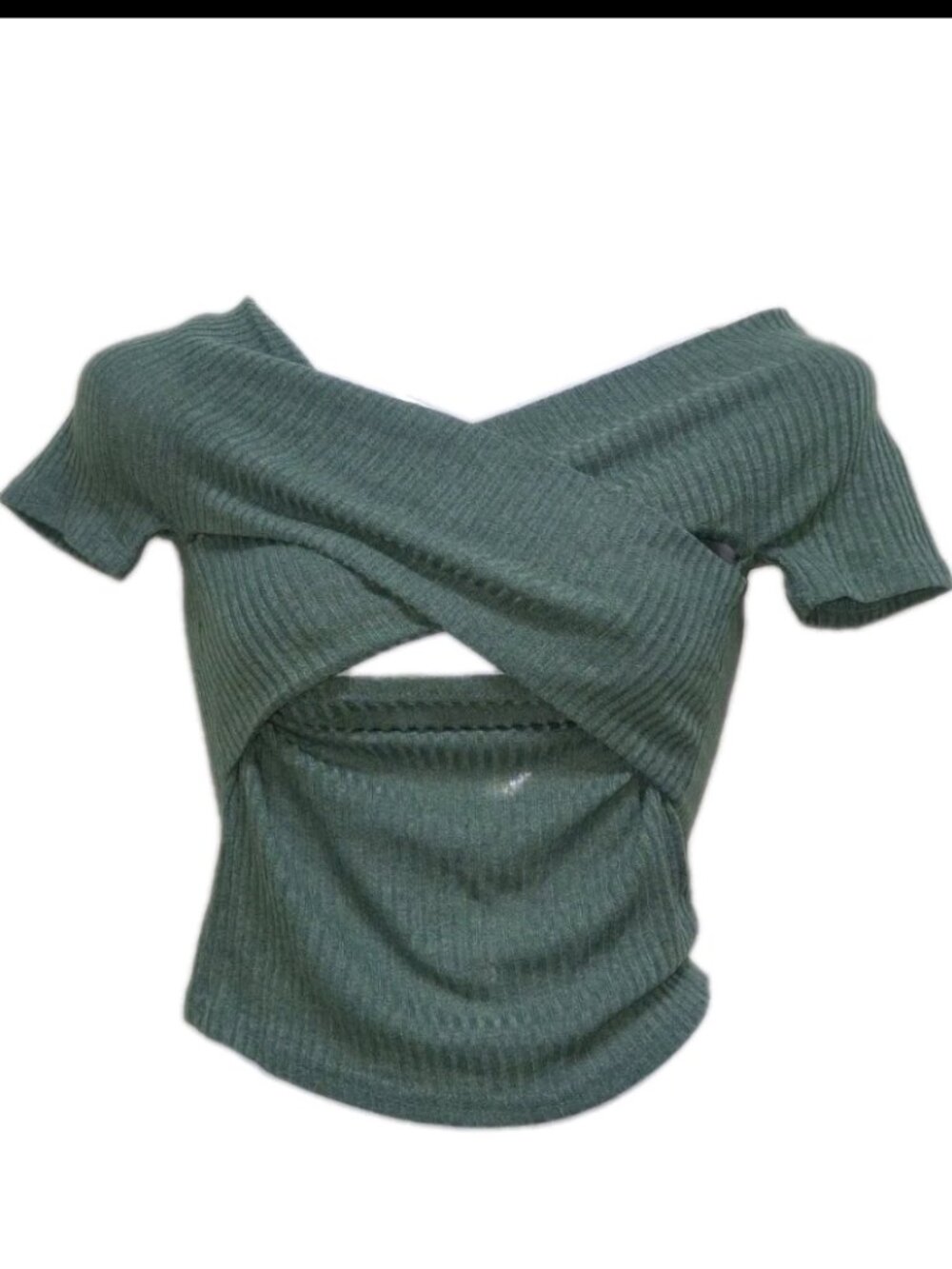 Shein Green Ribbed Crop Top Off Shoulder Twist Front Cutout Short Sleeve Size M